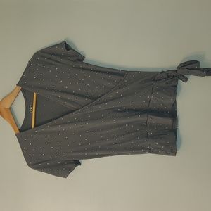 Gray Shirt Blouse Top Polka-Dots Wrap Front Medium